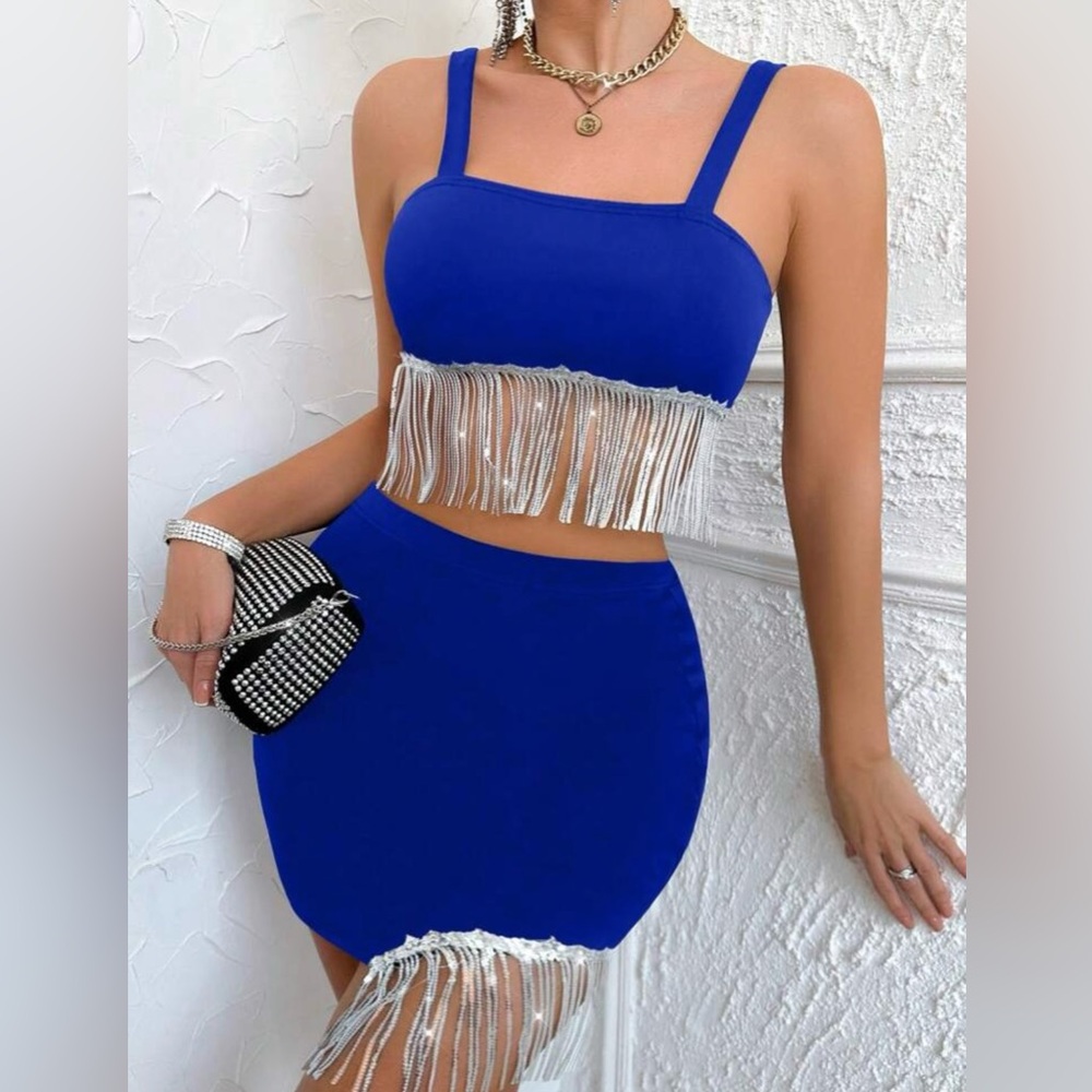 Women's
Rhinestone & Tassel Decorated
Cami Top And Skirt Set